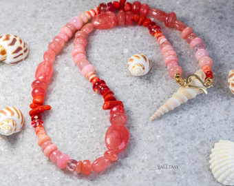 Solid Gold 14K Italian Red Coral, Rhodochrosite and Pink Opal Necklace, Beaded Peach Pink Coral Necklace