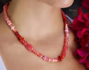 Solid Gold 14K Italian Red Coral, Rhodochrosite and Pink Opal Necklace, Beaded Peach Pink Coral Necklace