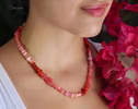 Solid Gold 14K Italian Red Coral, Rhodochrosite and Pink Opal Necklace, Beaded Peach Pink Coral Necklace