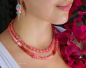 Solid Gold 14K Italian Red Coral, Rhodochrosite and Pink Opal Necklace, Beaded Peach Pink Coral Necklace