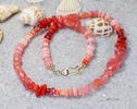Solid Gold 14K Italian Red Coral, Rhodochrosite and Pink Opal Necklace, Beaded Peach Pink Coral Necklace
