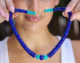 Solid Gold 14K Lapis Lazuli and Turquoise Necklace, Beaded Lapis Necklace, One of a Kind