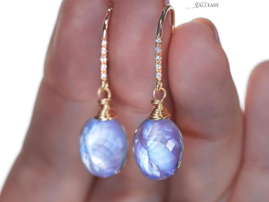 Solid Gold 14K Diamond Rainbow Moonstone Earrings
