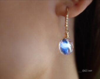 Solid Gold 14K Diamond Rainbow Moonstone Earrings