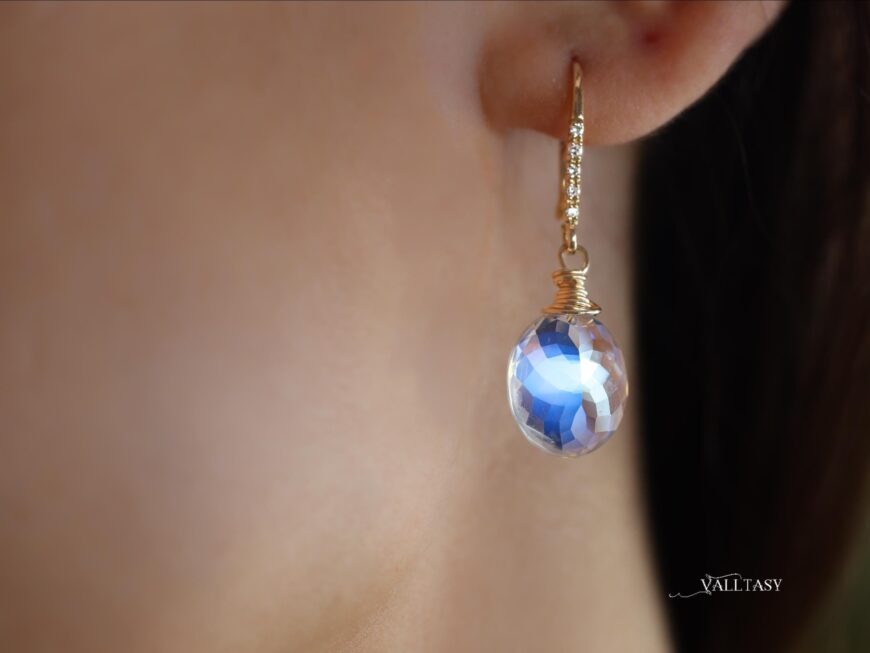 Solid Gold 14K Diamond Rainbow Moonstone Earrings