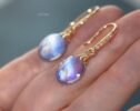 Solid Gold 14K Diamond Rainbow Moonstone Earrings