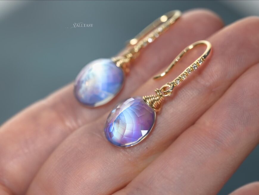 Solid Gold 14K Diamond Rainbow Moonstone Earrings