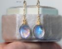 Solid Gold 14K Diamond Rainbow Moonstone Earrings