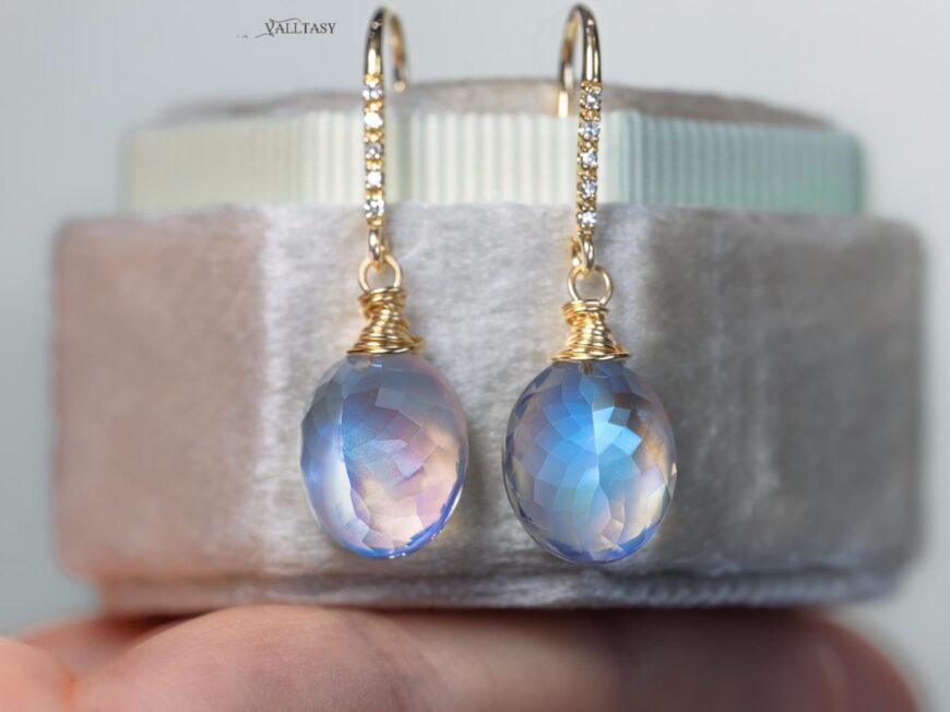 Solid Gold 14K Diamond Rainbow Moonstone Earrings