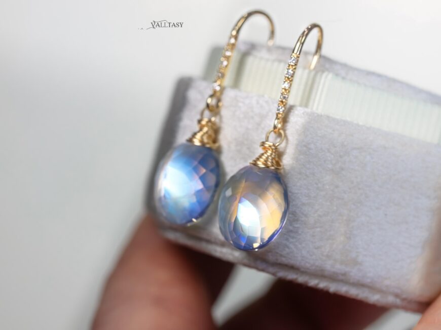 Solid Gold 14K Diamond Rainbow Moonstone Earrings