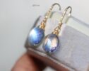 Solid Gold 14K Diamond Rainbow Moonstone Earrings