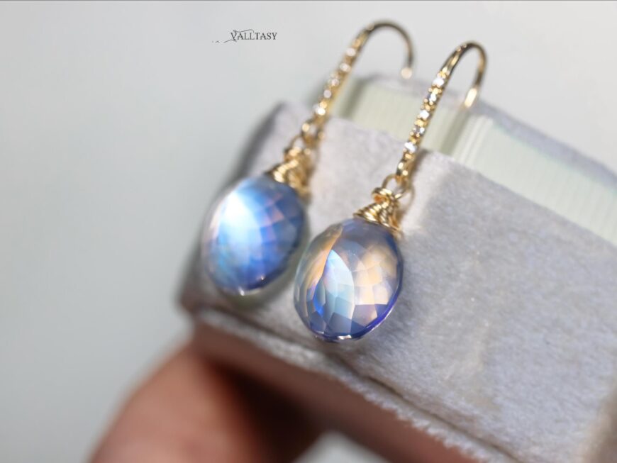 Solid Gold 14K Diamond Rainbow Moonstone Earrings