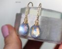 Solid Gold 14K Diamond Rainbow Moonstone Earrings