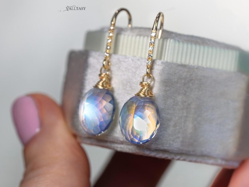 Solid Gold 14K Diamond Rainbow Moonstone Earrings
