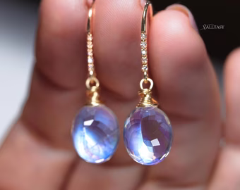 - Solid Gold 14K Diamond Rainbow Moonstone Earrings