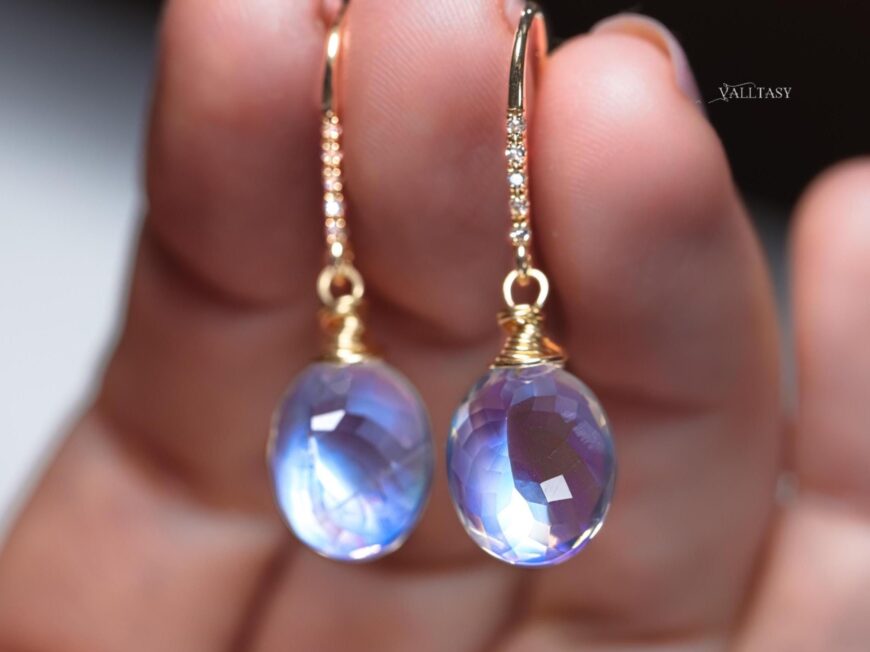Solid Gold 14K Diamond Rainbow Moonstone Earrings