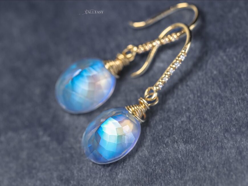 Solid Gold 14K Diamond Rainbow Moonstone Earrings