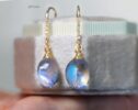 Solid Gold 14K Diamond Rainbow Moonstone Earrings