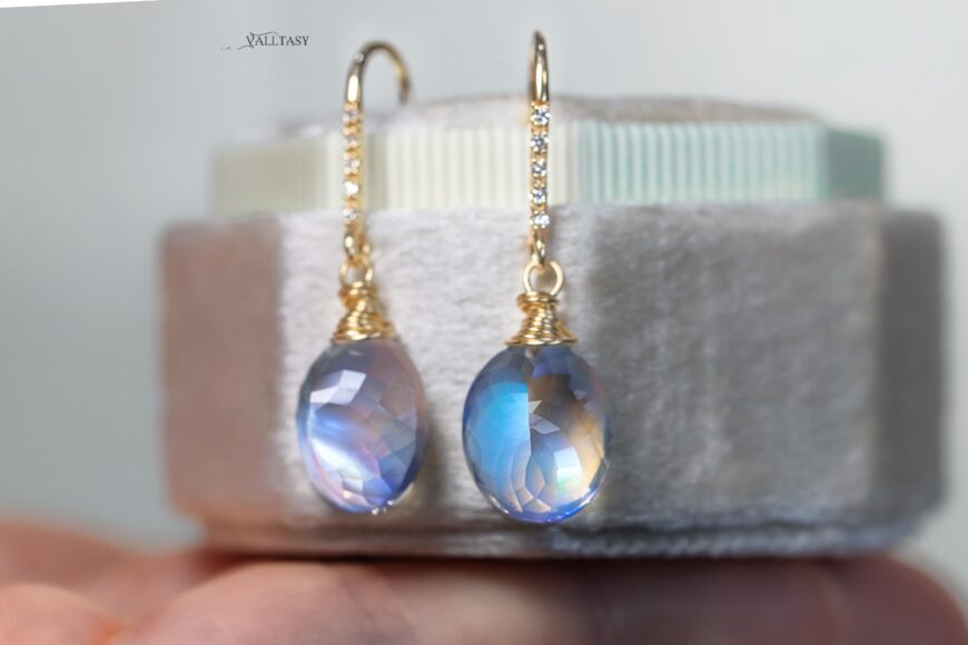 Solid Gold 14K Diamond Rainbow Moonstone Earrings