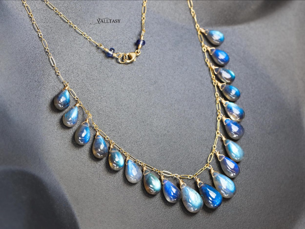 The Cosmic Necklace - 14K Solid Gold Blue Labradorite Necklace, Tourmaline Drop Necklace