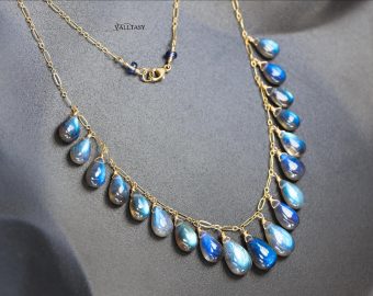 The Cosmic Necklace - 14K Solid Gold Blue Labradorite Necklace, Tourmaline Drop Necklace