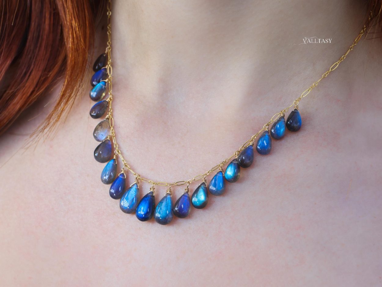 The Cosmic Necklace - 14K Solid Gold Blue Labradorite Necklace, Tourmaline Drop Necklace - Image 2