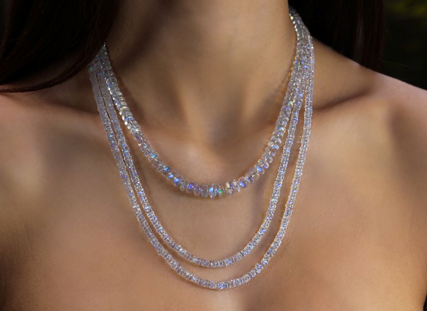 Solid Gold Gemstone Necklaces Rainbow Moonstone Necklaces