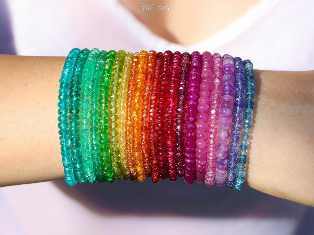 Solid Gold 14K Colorful Gemstone Beaded Bracelets, Precious Stone Stacking Bracelets