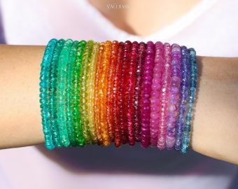 Solid Gold 14K Colorful Gemstone Beaded Bracelets, Precious Stone Stacking Bracelets