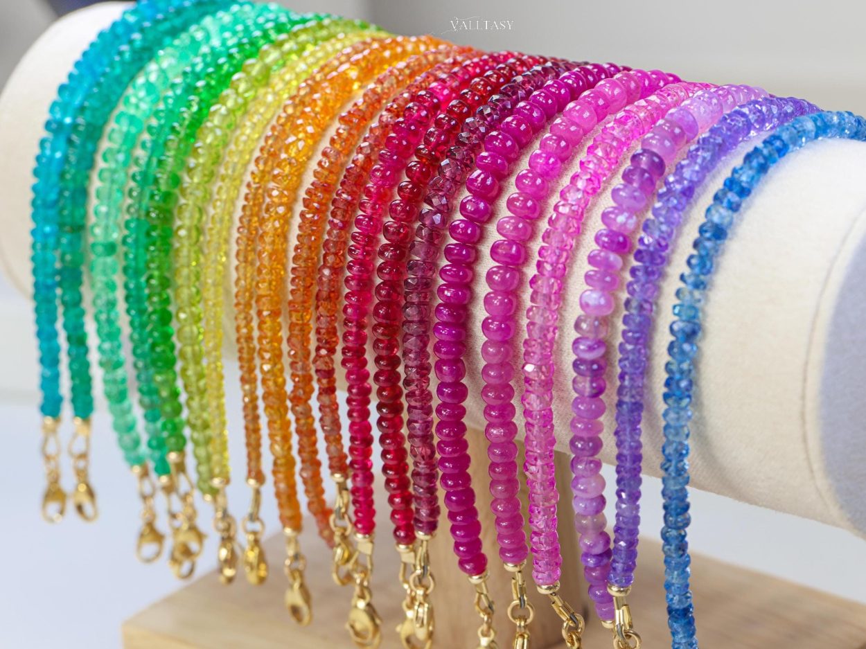 Solid Gold 14K Colorful Gemstone Beaded Bracelets, Precious Stone Stacking Bracelets