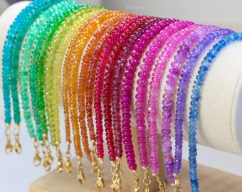 Solid Gold 14K Colorful Gemstone Beaded Bracelets, Precious Stone Stacking Bracelets