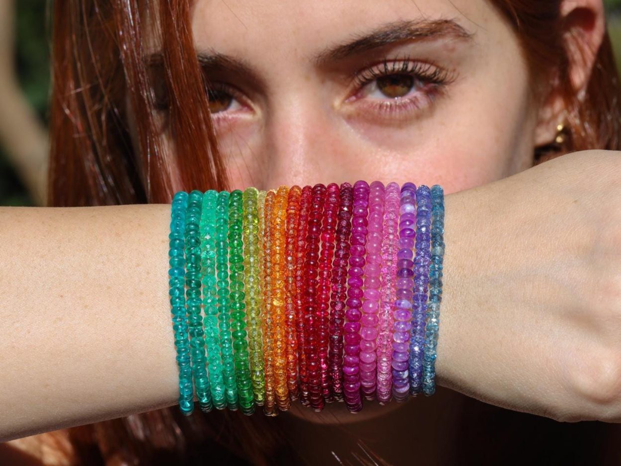 Solid Gold 14K Colorful Gemstone Beaded Bracelets, Precious Stone Stacking Bracelets