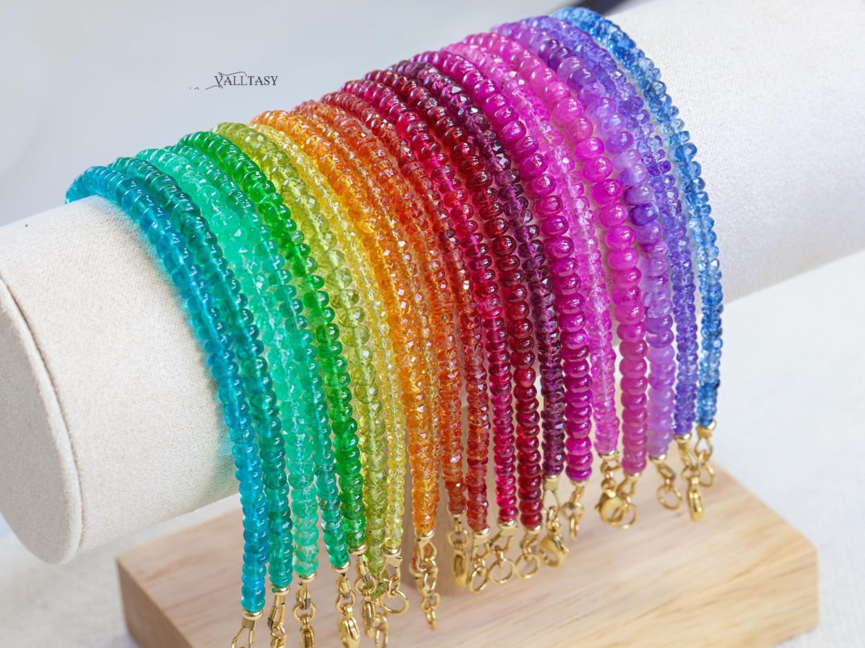 Solid Gold 14K Colorful Gemstone Beaded Bracelets, Precious Stone Stacking Bracelets