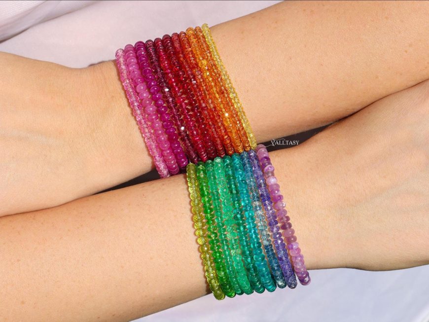 Solid Gold 14K Colorful Gemstone Beaded Bracelets, Precious Stone Stacking Bracelets