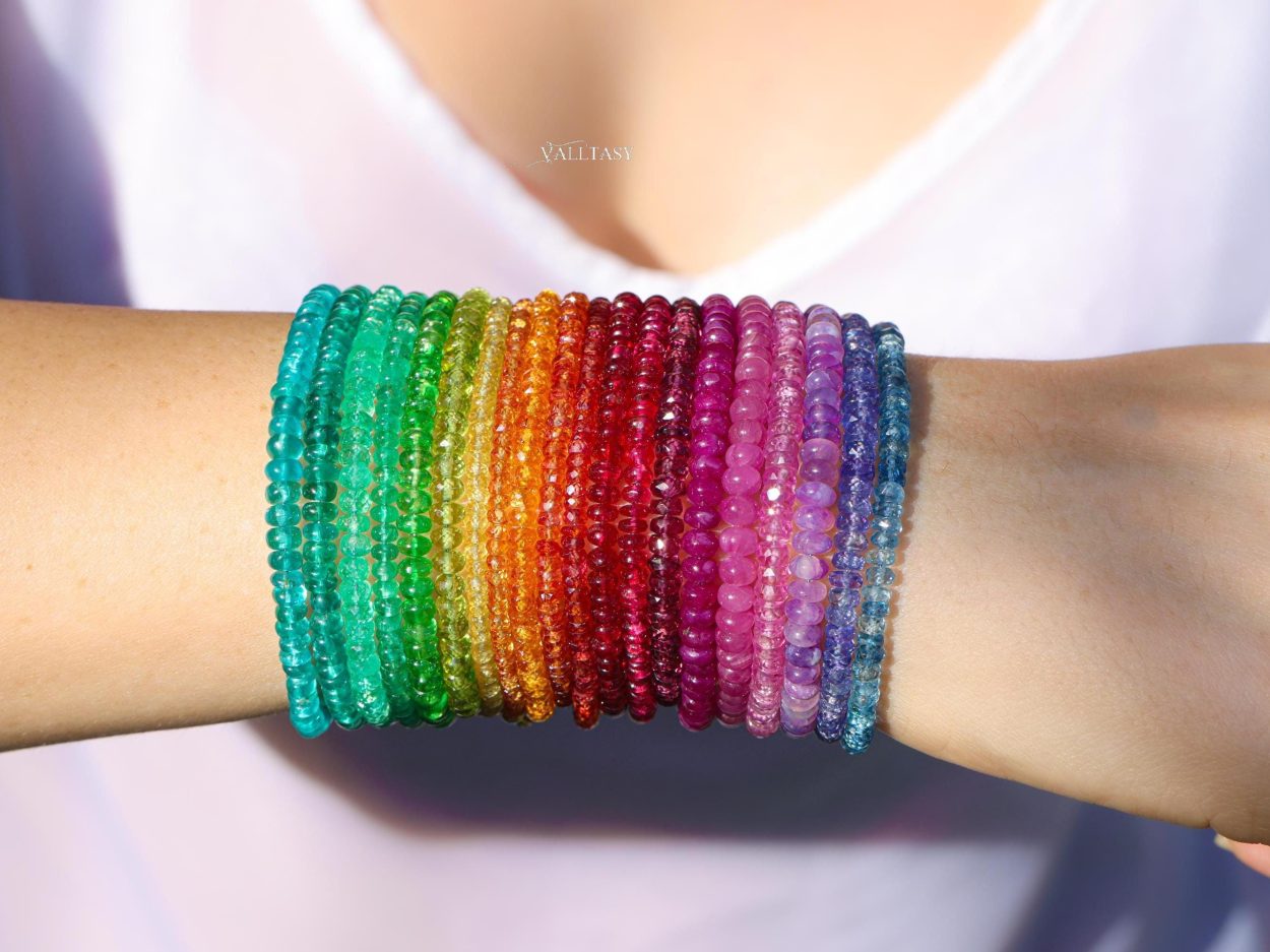 Solid Gold 14K Colorful Gemstone Beaded Bracelets, Precious Stone Stacking Bracelets