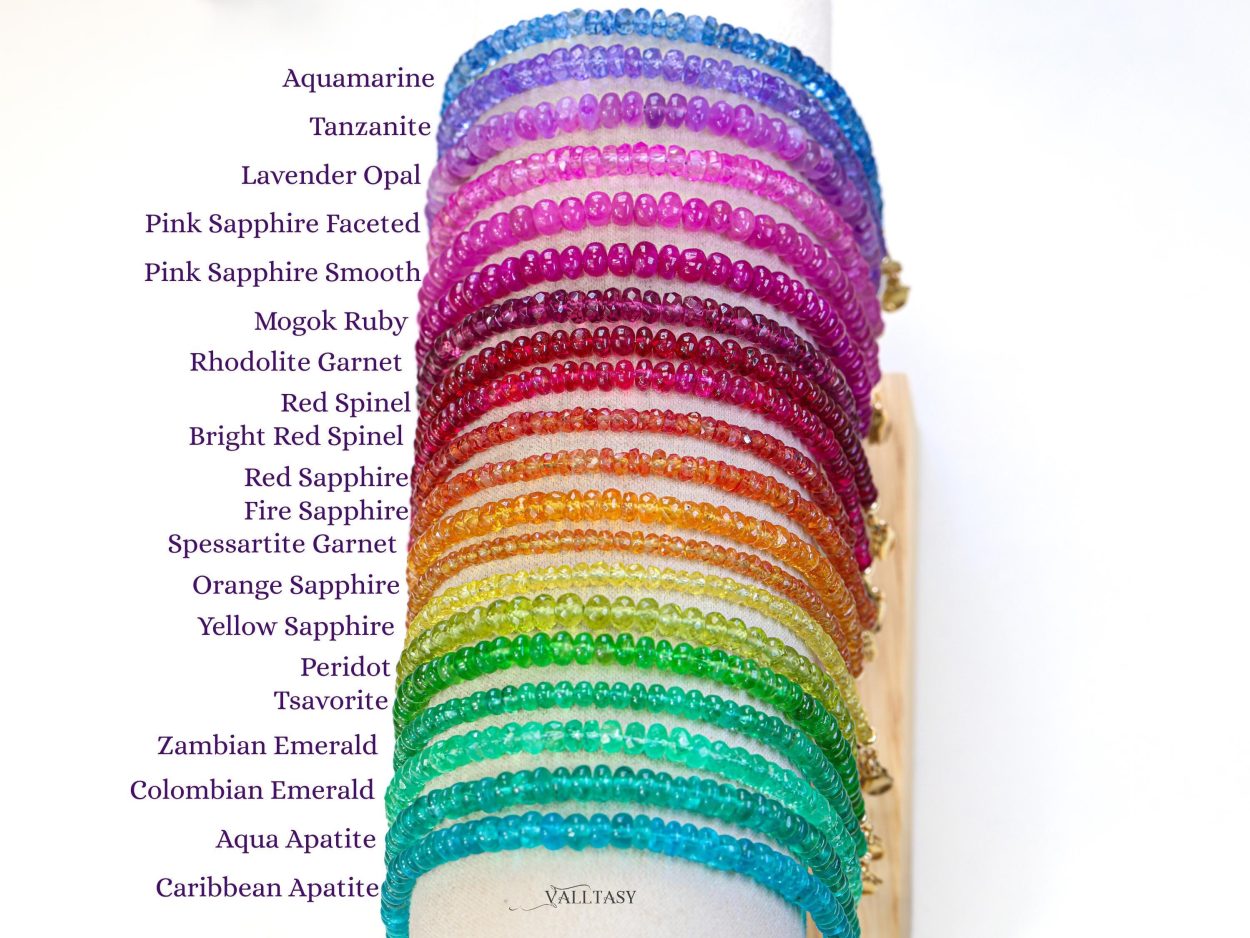 Solid Gold 14K Colorful Gemstone Beaded Bracelets, Precious Stone Stacking Bracelets