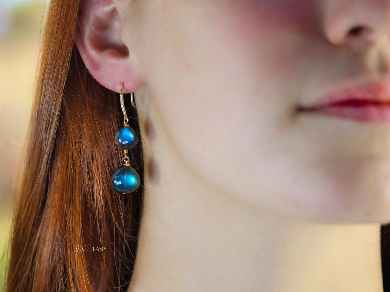 Solid Gold 14K Diamond Labradorite Earrings