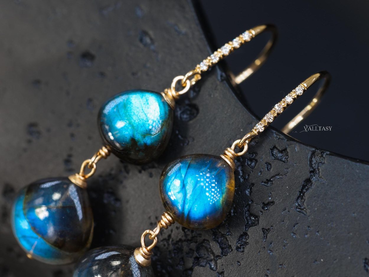 Solid Gold 14K Diamond Labradorite Earrings