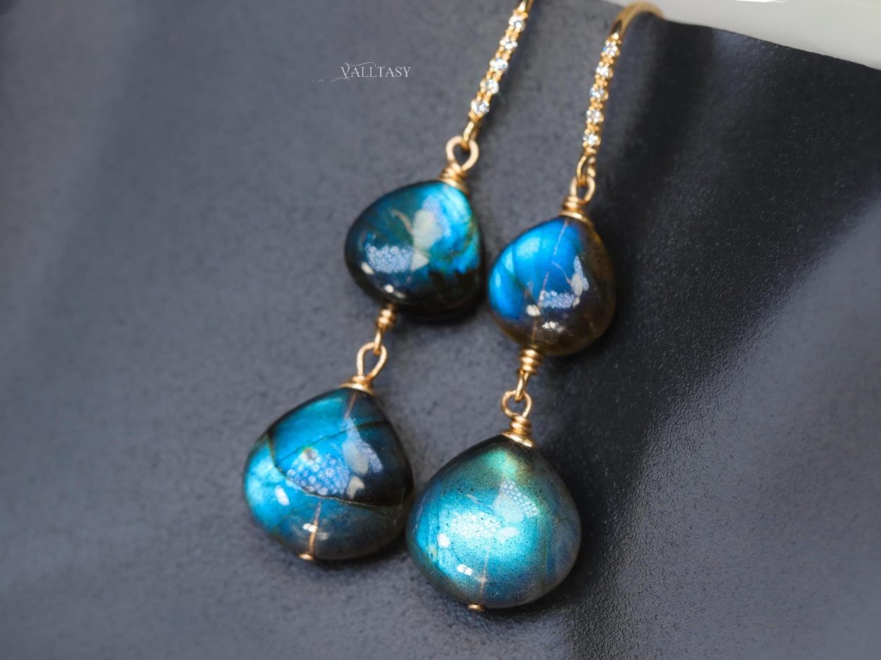 Solid Gold 14K Diamond Labradorite Earrings