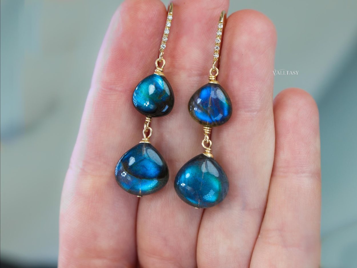 Solid Gold 14K Diamond Labradorite Earrings