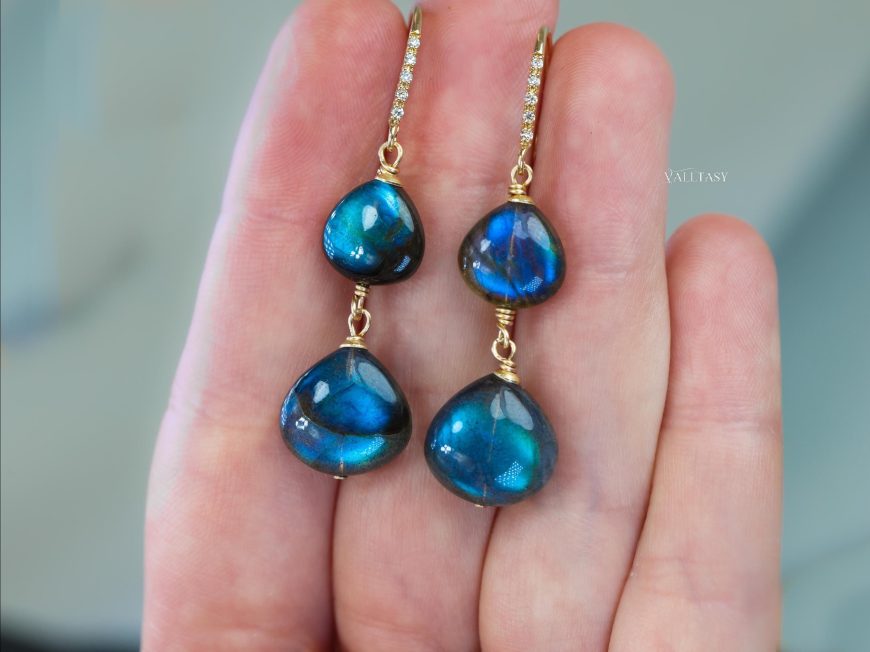 Solid Gold 14K Diamond Labradorite Earrings
