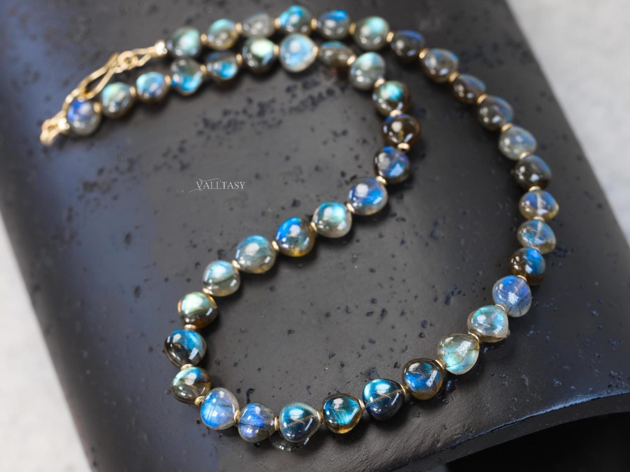 Solid Gold 14K Labradorite Necklace, Bold Blue Labradorite Beaded Necklace