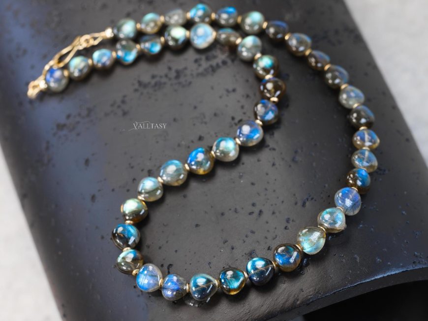 Solid Gold 14K Labradorite Necklace, Bold Blue Labradorite Beaded Necklace