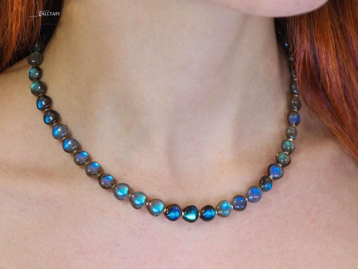 Solid Gold 14K Labradorite Necklace, Bold Blue Labradorite Beaded Necklace