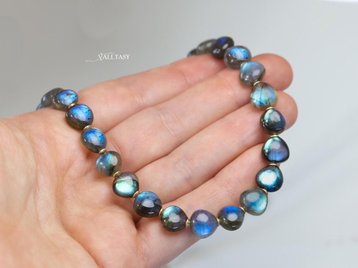 Solid Gold 14K Labradorite Necklace, Bold Blue Labradorite Beaded Necklace