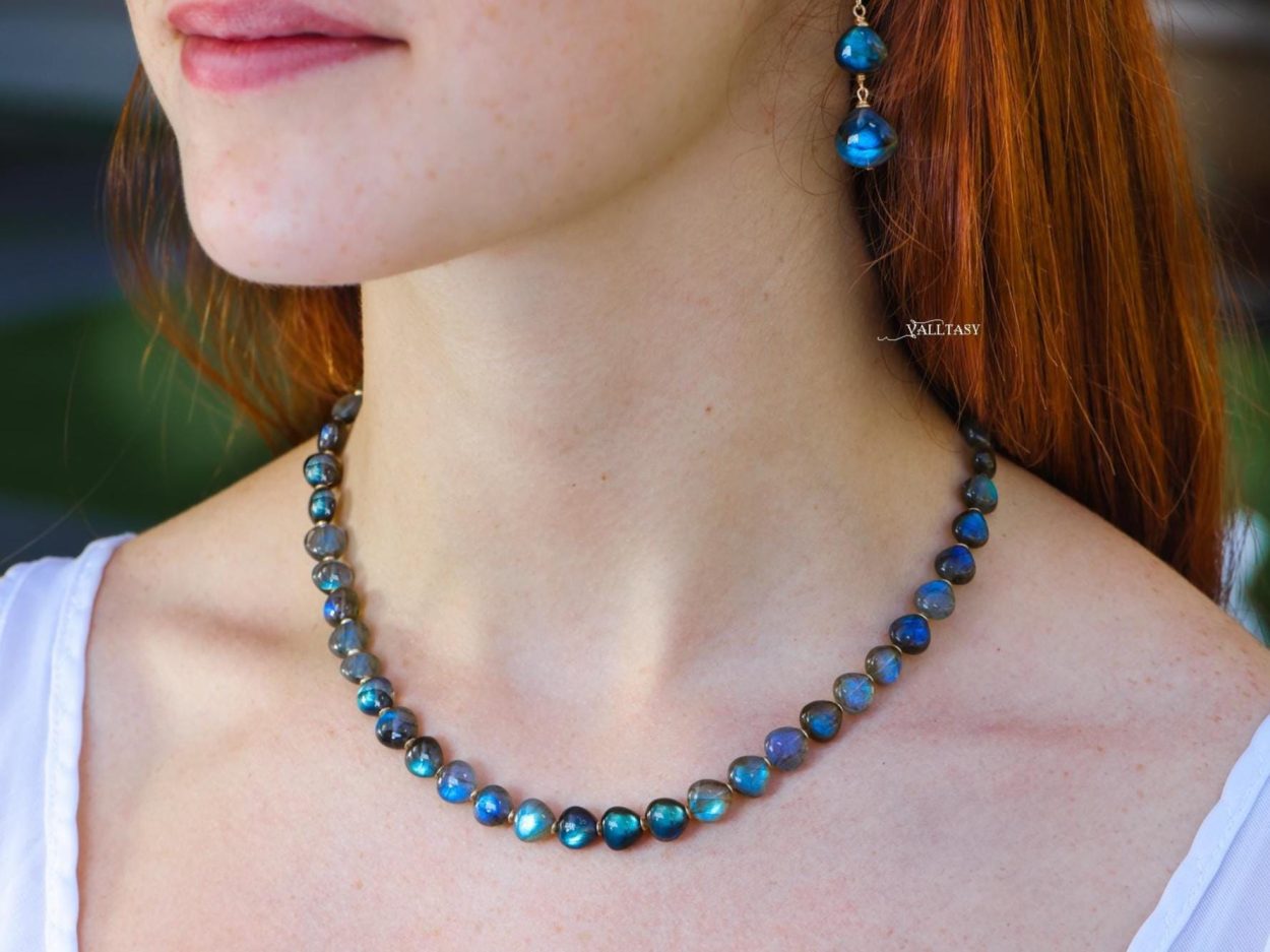 Solid Gold 14K Labradorite Necklace, Bold Blue Labradorite Beaded Necklace