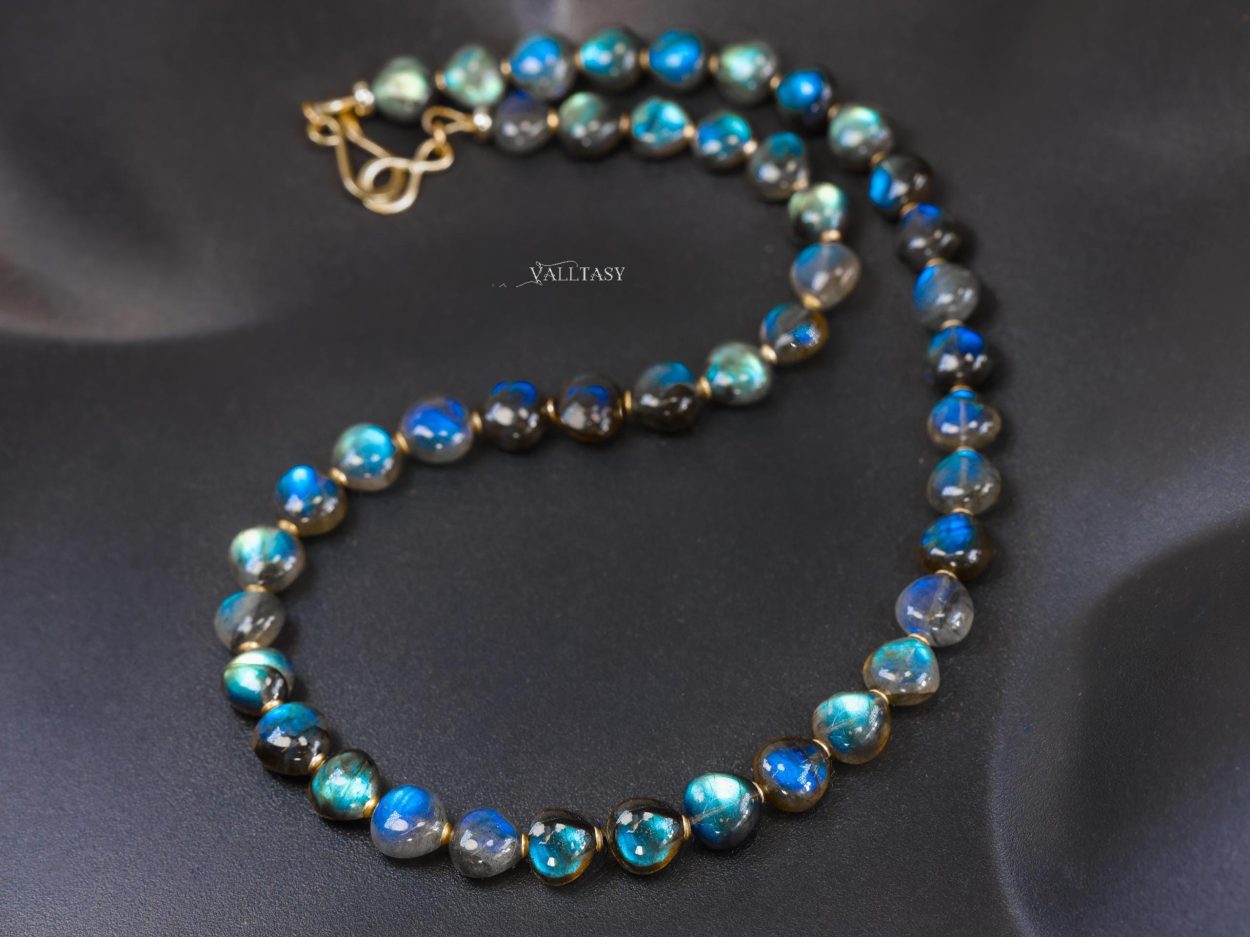 Solid Gold 14K Labradorite Necklace, Bold Blue Labradorite Beaded Necklace