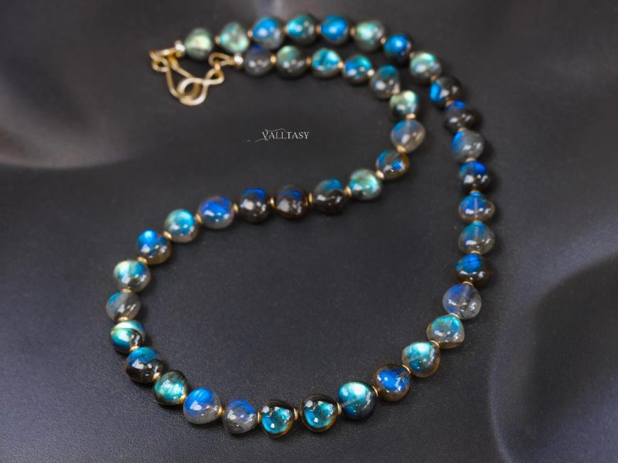 Solid Gold 14K Labradorite Necklace, Bold Blue Labradorite Beaded Necklace