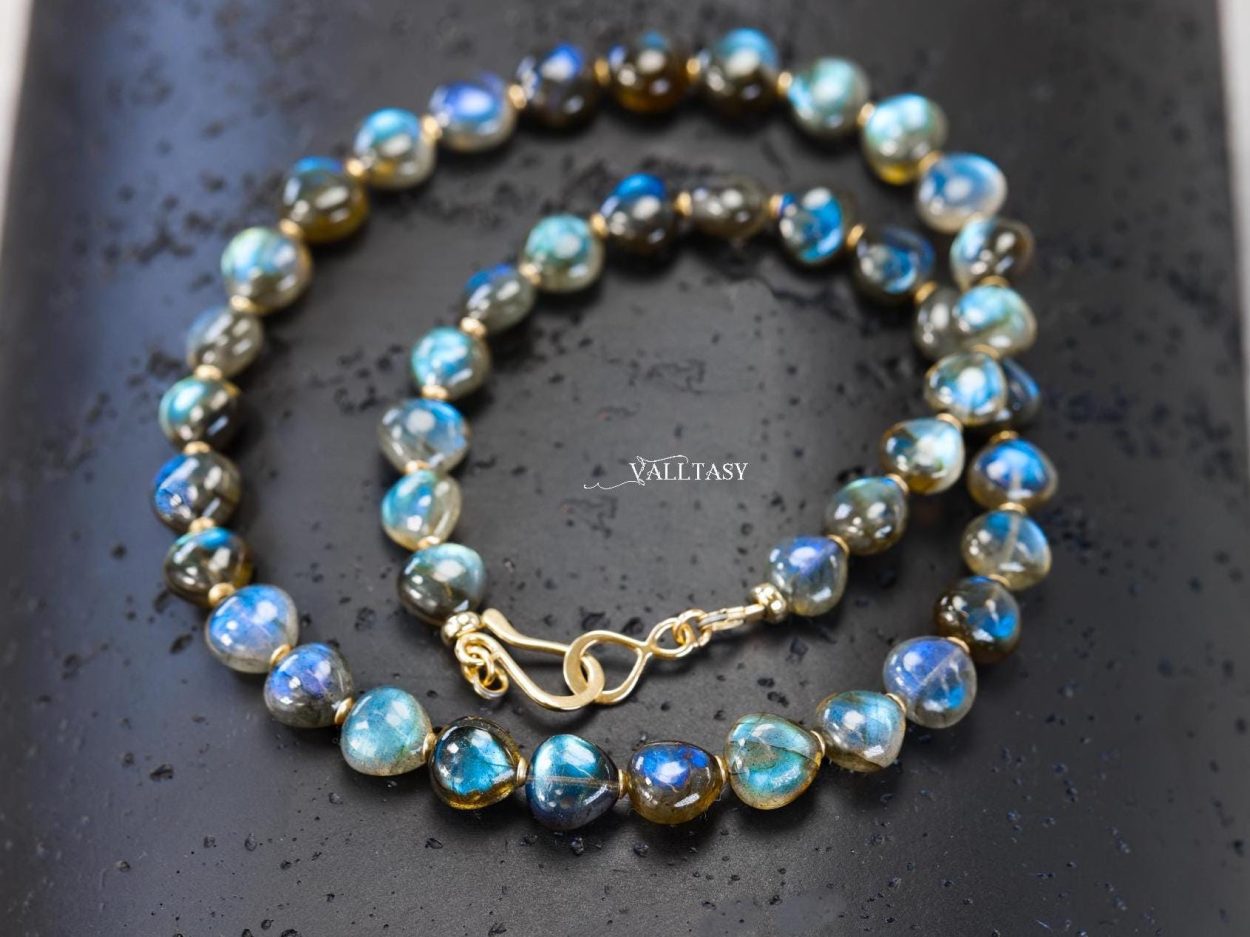 Solid Gold 14K Labradorite Necklace, Bold Blue Labradorite Beaded Necklace