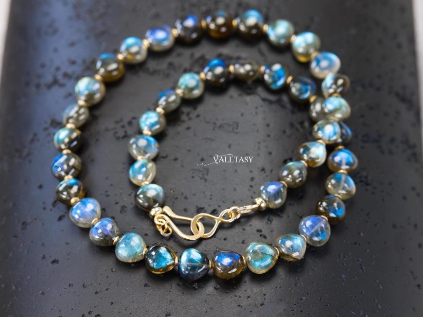 Solid Gold 14K Labradorite Necklace, Bold Blue Labradorite Beaded Necklace